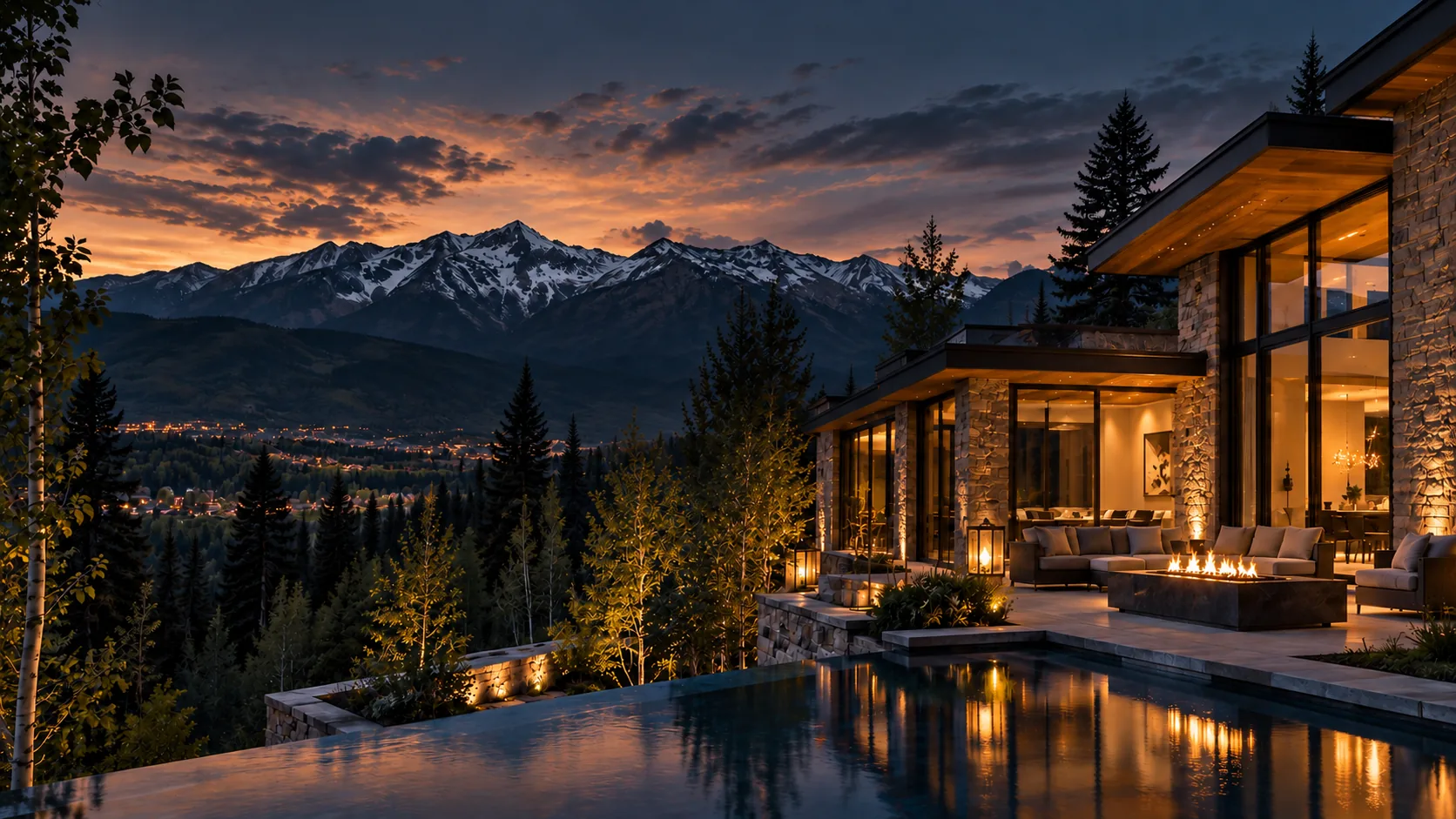 Mountain home terrace at dusk above a snowy valley