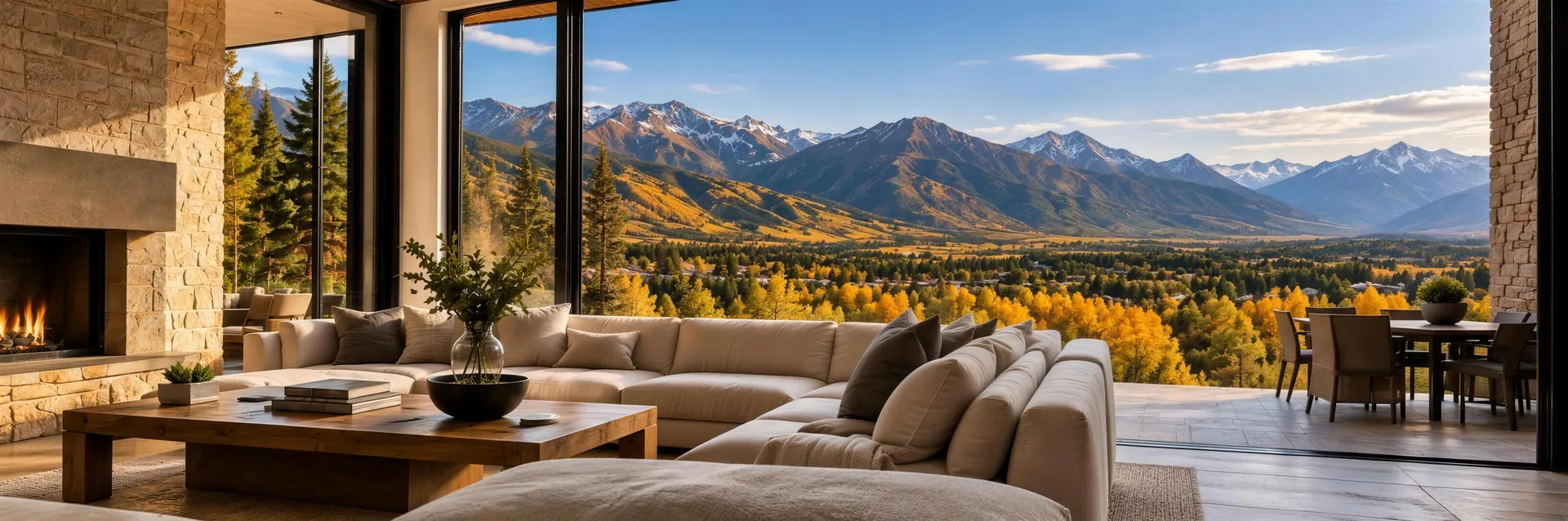 A living room with a stone fireplace and floor-to-ceiling windows facing the mountains in autumn